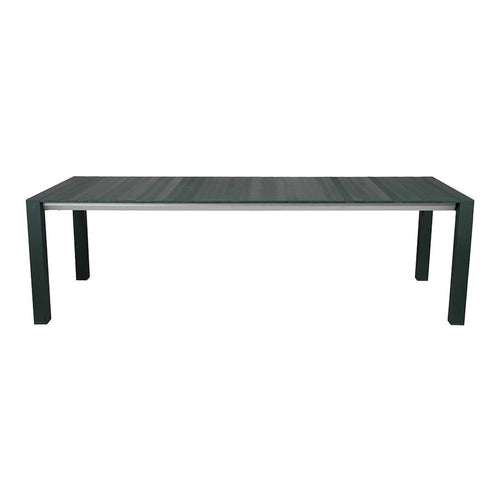 Rectangular dining table in a sleek dark grey finish with subtle horizontal patterns. Modern and minimalist design.