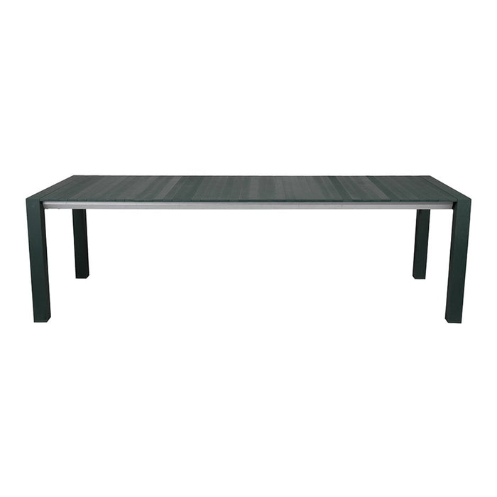 Rectangular dining table in a sleek dark grey finish with subtle horizontal patterns. Modern and minimalist design.