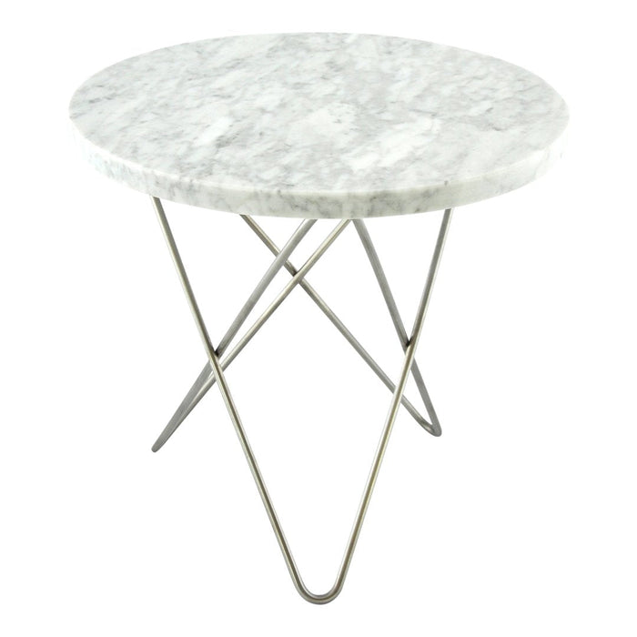 Round white marble tabletop with gray veining, supported by sleek metal legs in a minimalist geometric design.