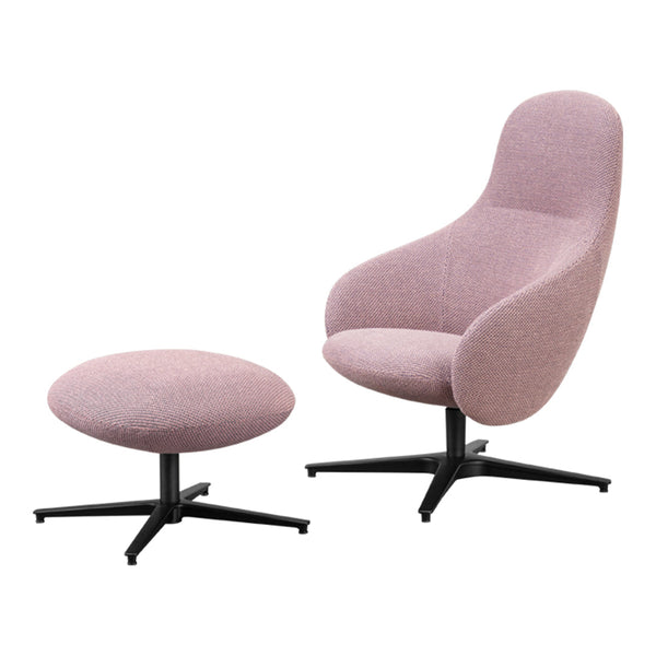 Pink upholstered chair and ottoman set with smooth, minimalist design and black metal base. Ideal for modern decor.