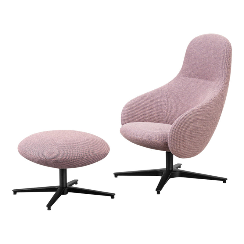 Pink upholstered chair and ottoman set with smooth, minimalist design and black metal base. Ideal for modern decor.