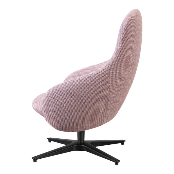 Pastel pink swivel chair with a smooth texture and minimalist black base, perfect for modern decor.
