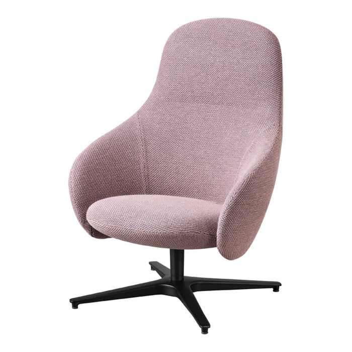 Stylish pink upholstered chair with a modern design, featuring a sleek black base and smooth, minimalist curves.