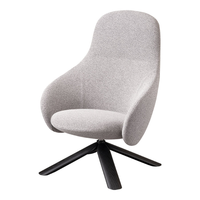 Light grey upholstered chair with a smooth, minimalist design and black swivel base. Ideal for modern interiors.