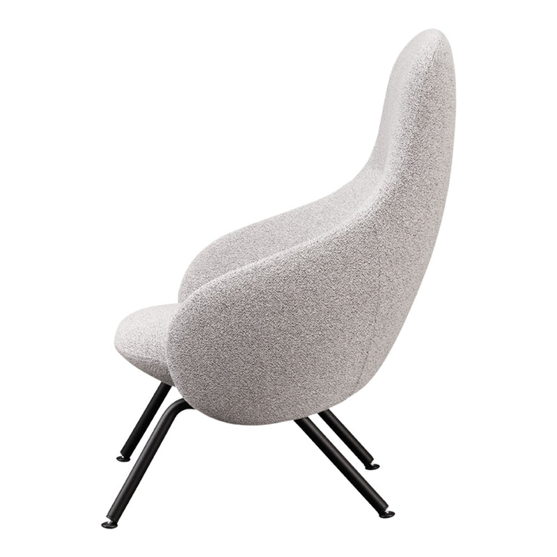 Light gray textured upholstery chair with sleek black legs, showcasing a minimalist design.