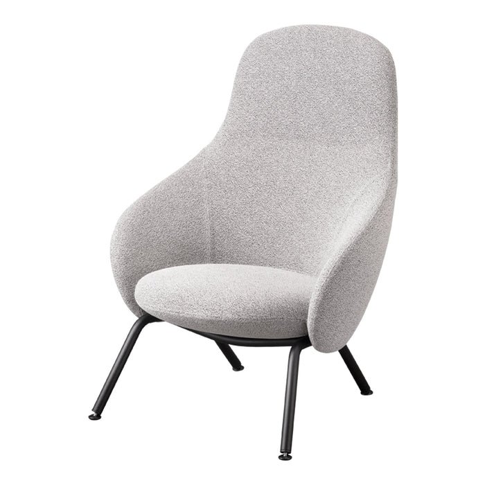 Light gray fabric armchair with a smooth, modern design and black metal legs, perfect for contemporary decor.