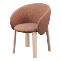 Curved armchair featuring a speckled orange and brown pattern with natural wooden legs. Stylish and modern design.
