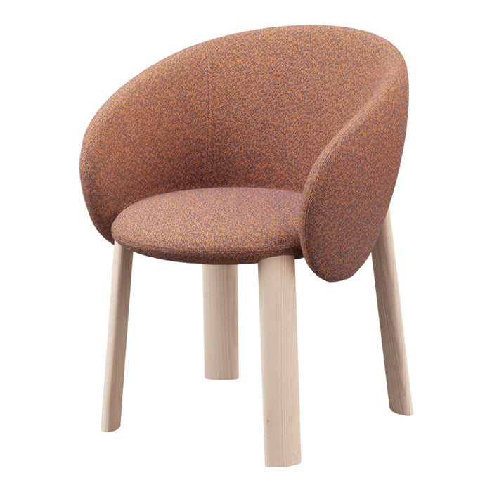 Curved armchair featuring a speckled orange and brown pattern with natural wooden legs. Stylish and modern design.