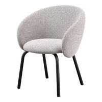 Light gray upholstered chair with a smooth, rounded design and contrasting black metal legs. Perfect for modern decor.