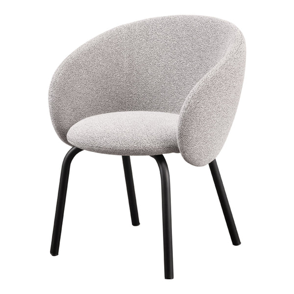 Light gray upholstered chair with a smooth, rounded design and contrasting black metal legs. Perfect for modern decor.