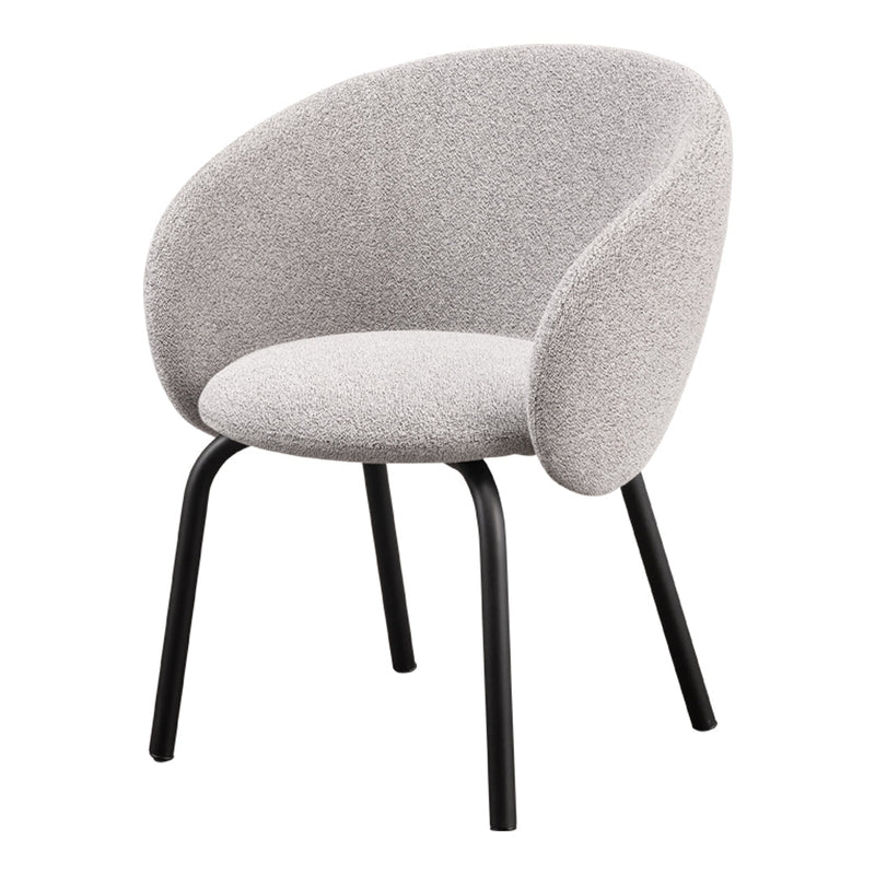 Light gray upholstered chair with a smooth, rounded design and contrasting black metal legs. Perfect for modern decor.