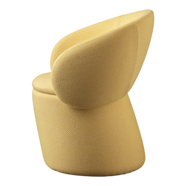 Soft yellow modern chair with a smooth texture and curvy silhouette, perfect for contemporary decor.