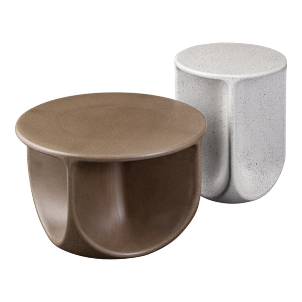 Brown and white minimalist side tables with smooth, rounded shapes and subtle textures, enhancing modern decor.