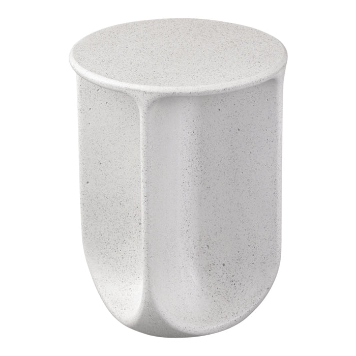 White speckled stool with a smooth, cylindrical shape and minimalist design. Ideal for modern decor.