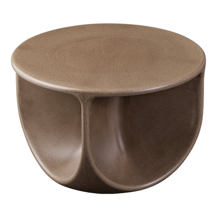Brown ceramic side table with smooth, rounded edges and an elegant, minimalist design. Perfect for modern decor.