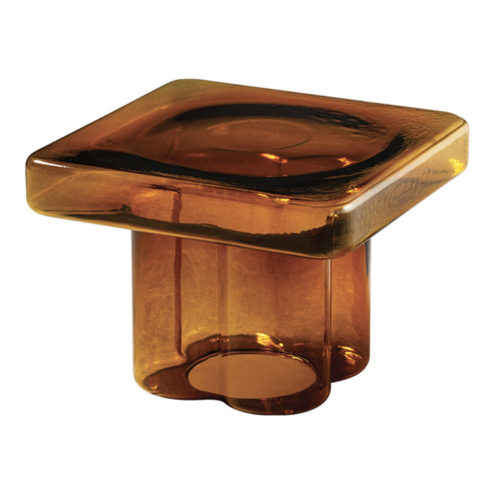 Amber square glass vase with a smooth, glossy surface and subtle circular pattern. Ideal for modern decor.