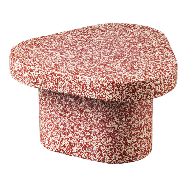 Red and white speckled patterned stool with a unique, organic shape. Ideal for modern decor.