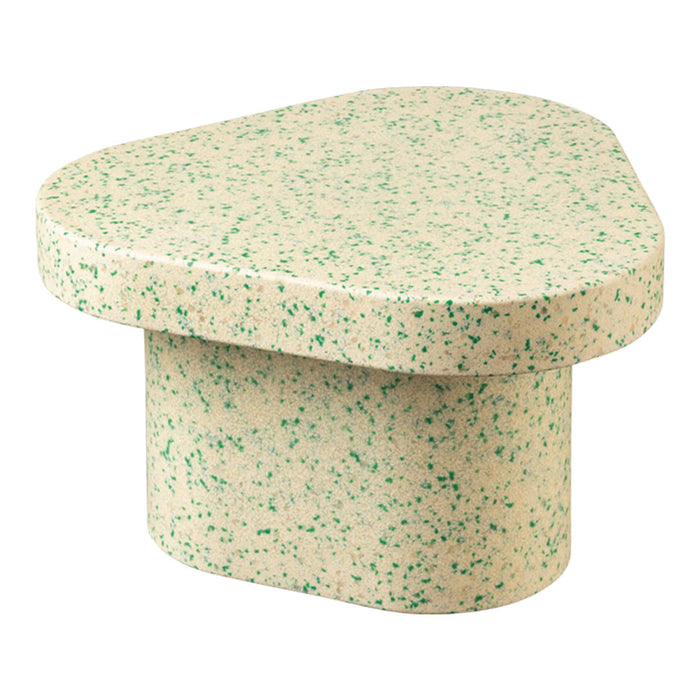Cream-colored surface with green speckles, featuring a unique, organic shape for a modern decorative look.