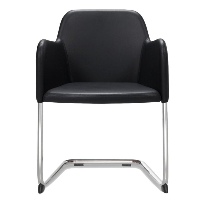 Elegantly designed black leather armchair with sleek chrome legs and minimalistic pattern. Perfect for modern spaces.