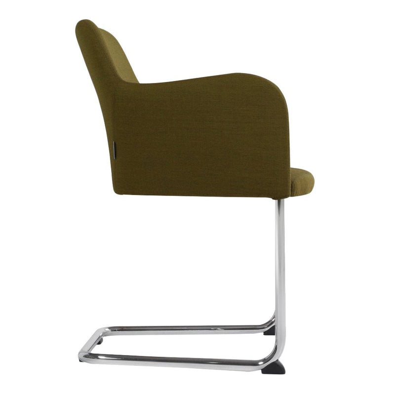 Olive green fabric chair with a sleek chrome base, featuring a smooth, minimalist design.