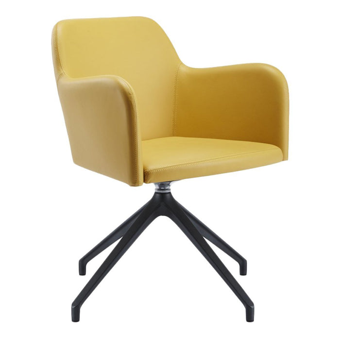 Yellow upholstered chair with a sleek, minimalist design and a black metal base. Ideal for modern interiors.
