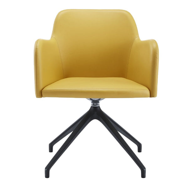 Yellow upholstered chair with smooth surface and sleek black metal base, modern design suitable for any decor.