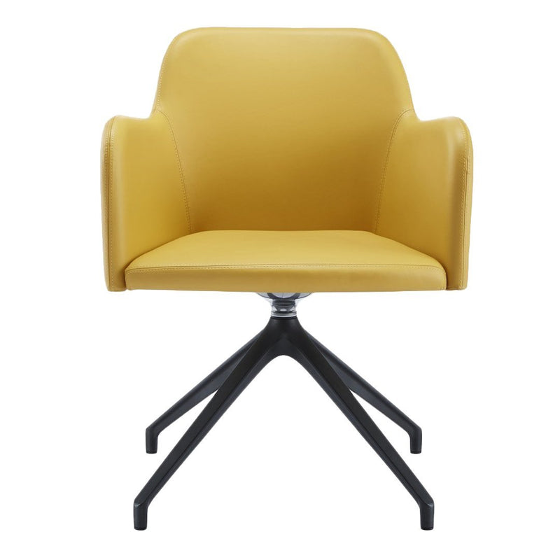 Yellow upholstered chair with smooth surface and sleek black metal base, modern design suitable for any decor.