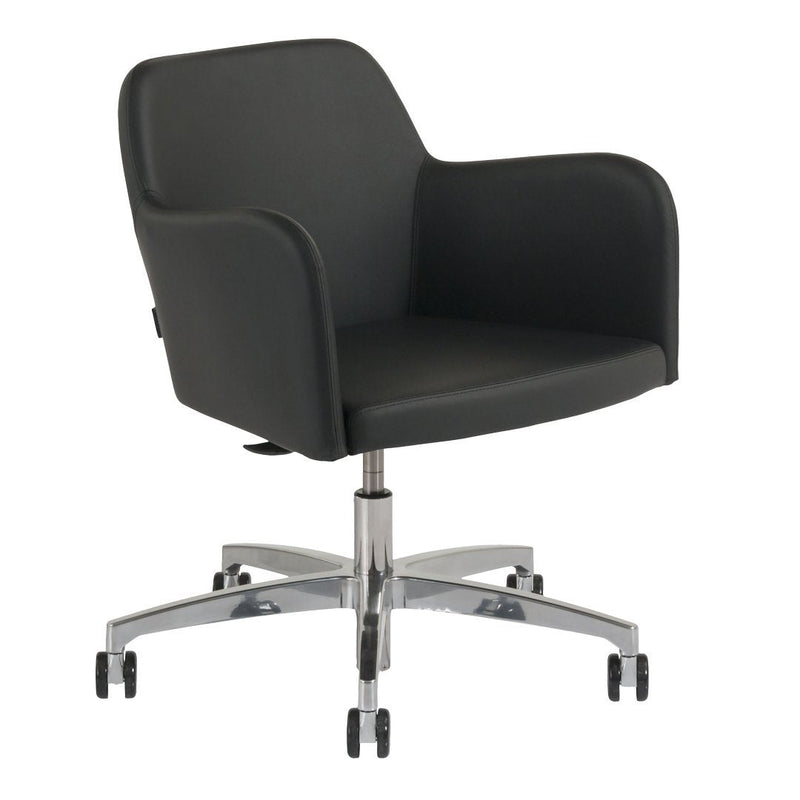 Black upholstered swivel chair with sleek chrome base. Modern design for stylish home or office decor.