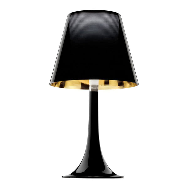 Black lamp with a glossy finish and a gold interior pattern for a stylish, contemporary look.