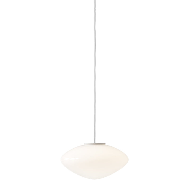 White glass pendant lamp with a sleek, modern shape and silver hanger. Ideal for minimalist decor.