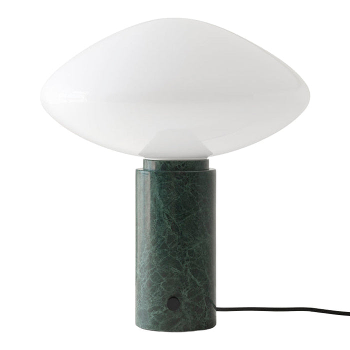 "Modern lamp featuring a glossy white shade and a sleek green marble base."