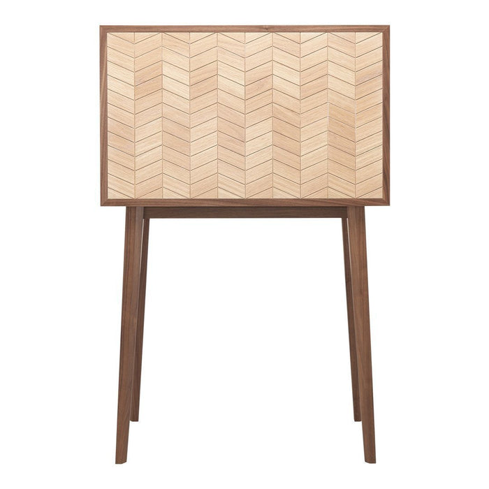Light wood herringbone pattern on drawer front, complemented by a dark wooden frame and legs.