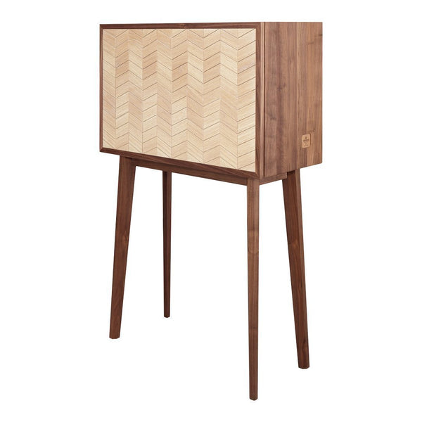 Wooden cabinet featuring a herringbone pattern in natural tones with a walnut finish and tapered legs.