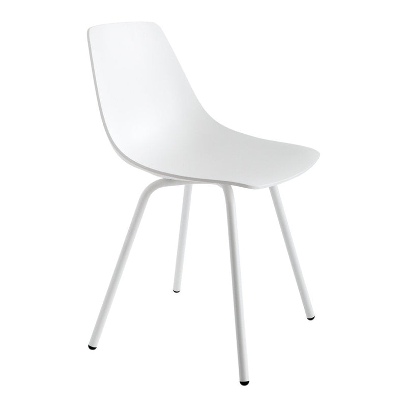 White modern chair with a sleek design and smooth surface, featuring a minimalist aesthetic and clean lines.