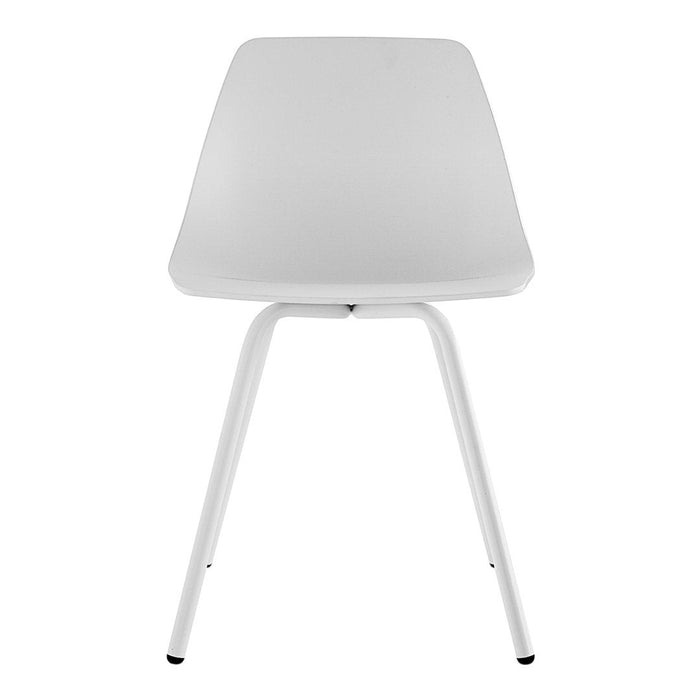 White modern chair with smooth curves and sleek design, featuring a minimalist style and solid colored finish.