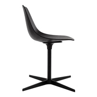 Sleek black dining chair with a smooth, curved seat and a minimalist design on a sturdy black base.