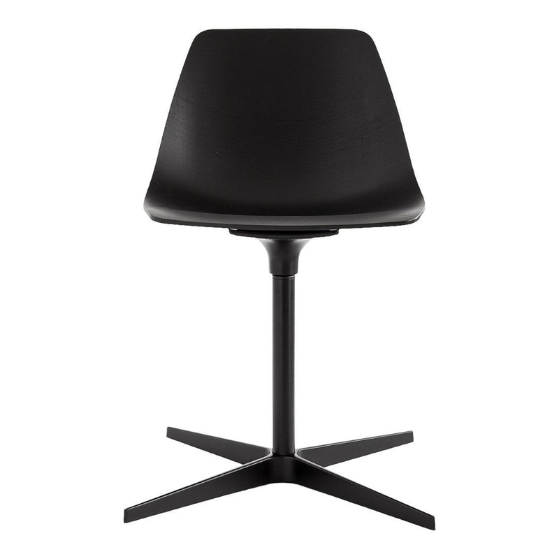 Black modern chair with a sleek, minimalist design and a sturdy crossbase. Simple and stylish for any space.