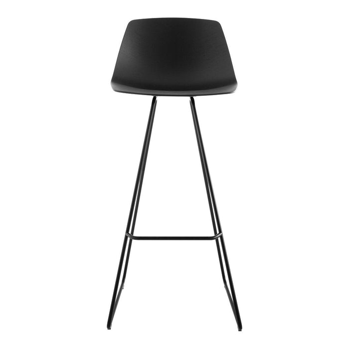 Black modern bar stool with a sleek, minimalist design and a smooth finish, paired with slender black metal legs.