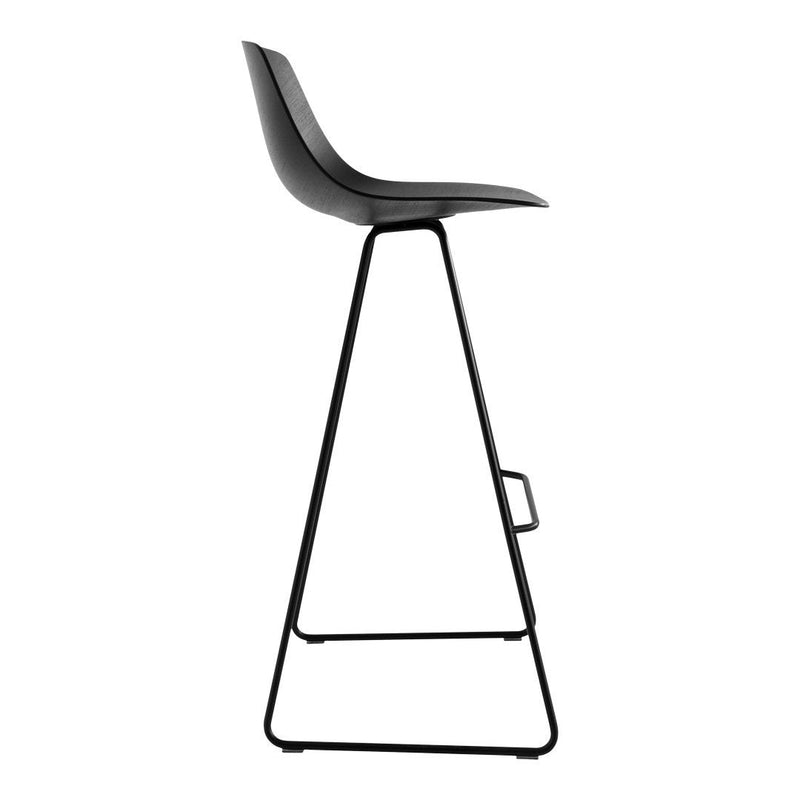 Black modern bar stool with a sleek design and minimalist metal frame. Perfect for contemporary interiors.