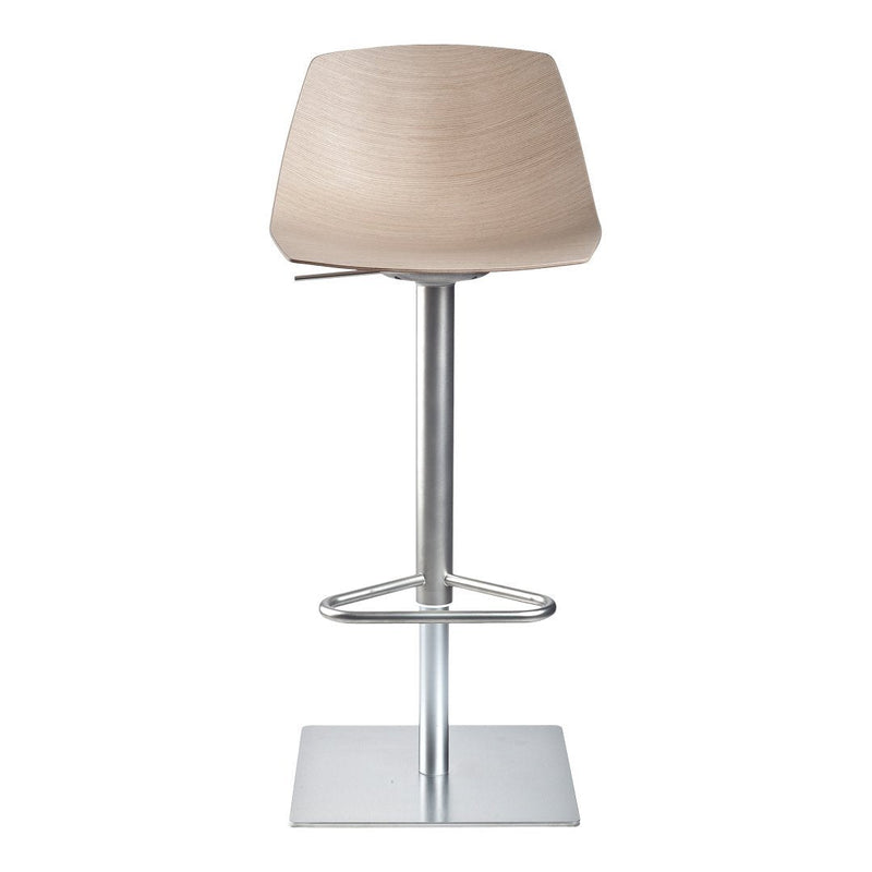 Beige wood bar stool with smooth, curved shape and sleek silver metal base. Perfect for modern decor.