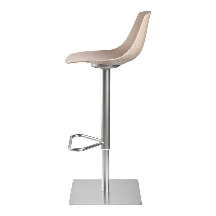 Beige cushioned bar stool with a sleek silver base, featuring a modern, minimalist design.