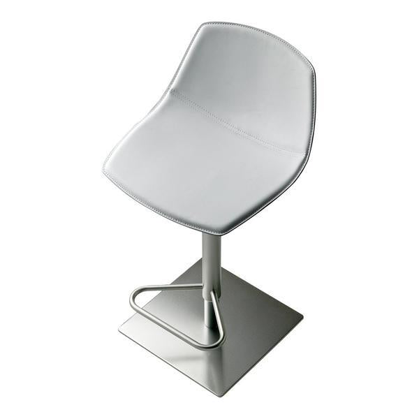 Modern white bar stool with a sleek design and stainless steel base, perfect for contemporary interiors.