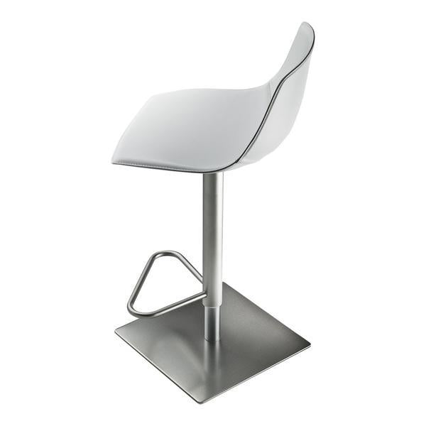 Modern white bar stool with a sleek design, featuring a minimalist silver base and smooth curves. Ideal for contemporary decor.