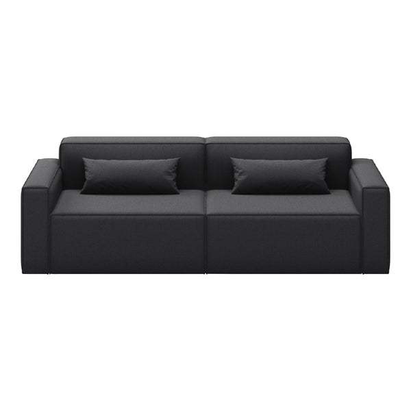 Stylish modern black sofa with sleek lines and minimalistic design, featuring two soft accent pillows.