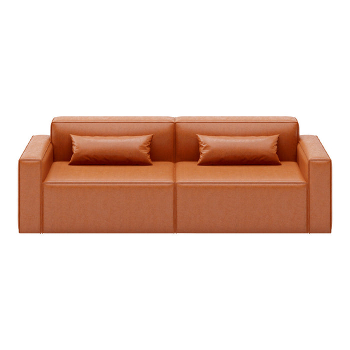 Rust orange modern sofa with smooth texture and two matching throw pillows. Minimalist design with clean lines.
