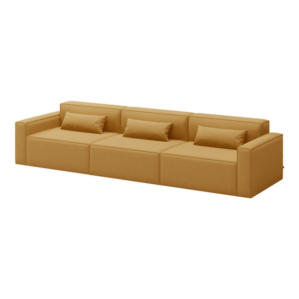 Modern sofa in warm caramel color with smooth, minimalist design and plush, rectangular cushions. Perfect for any living space.