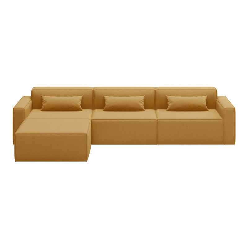 Stylish sectional sofa in warm caramel color with a sleek, minimalist design and three matching pillows.