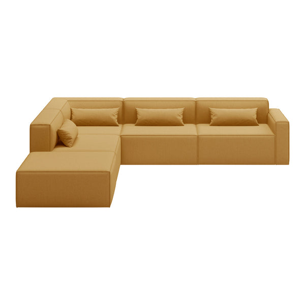 "Modern L-shaped sofa in warm caramel color with smooth upholstery and matching cushions."