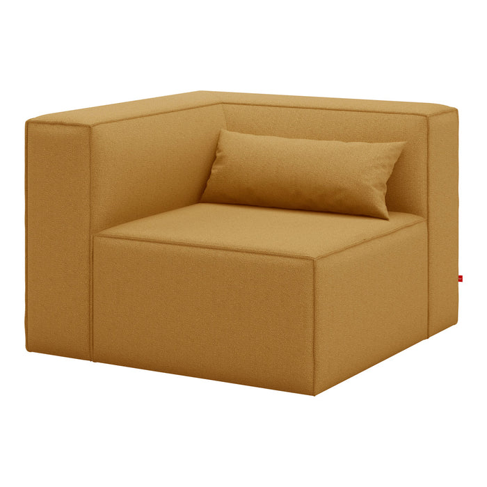 Stylish mustard yellow modular armchair with clean lines and a matching lumbar pillow, ideal for modern decor.