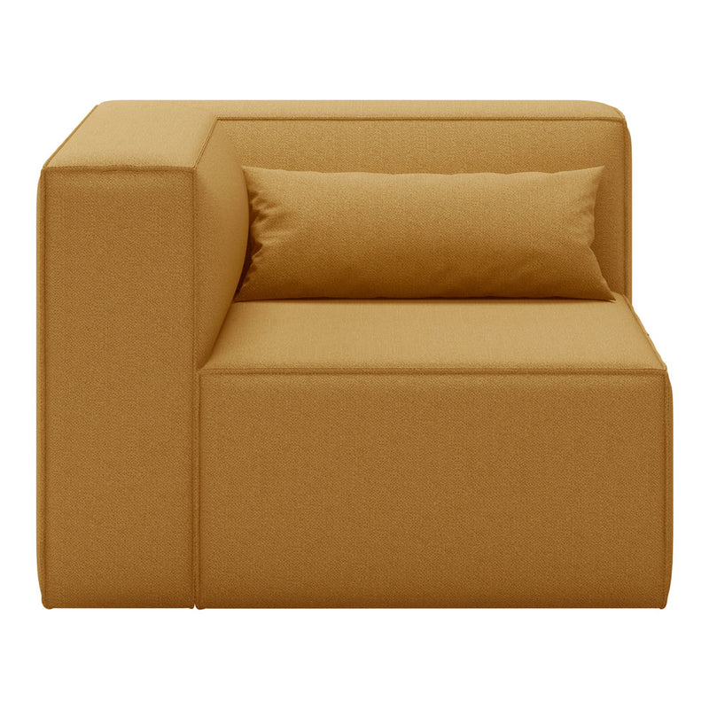 Modern mustard-yellow sofa with clean lines and a minimalist design, featuring a matching cushion.